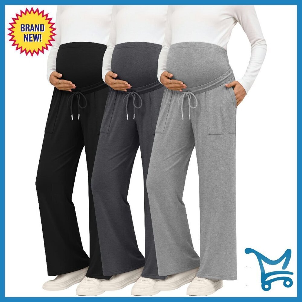 Maternity Lounge Pants Wide Leg Over Belly Drawstring Casual 3 Pack